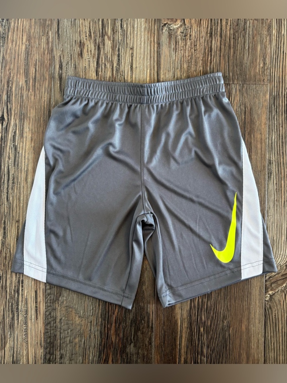 NWT Nike Dri-Fit Boys 7 (Large) Athletic Shorts Gray w/White Stripe Neon Swoosh - Picture 2 of 7
